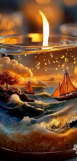 Candle art featuring sailing ships on ocean waves.