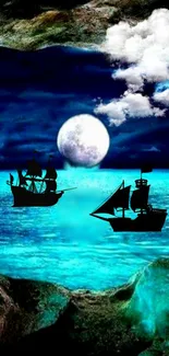 Ships sail under the moonlight on a teal ocean in this artistic wallpaper.