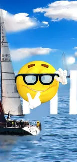 Sailboat and emoji design on a blue ocean wallpaper.