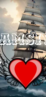 Sailing ship with heart and wings over ocean waves.