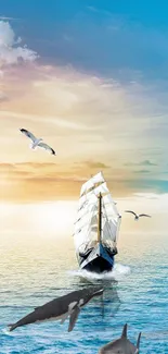 Sailboat on ocean with seagulls and blue sky wallpaper.