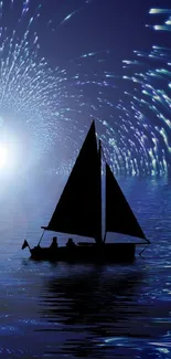 Sailboat silhouetted against a starry sky over a reflective ocean.