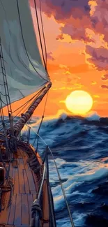 Sailing boat against vibrant orange sunset over ocean waves.