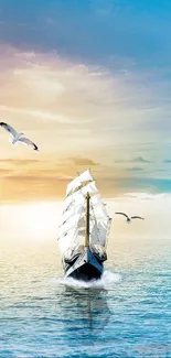 Sailboat on a tranquil sea under a vibrant sky with seagulls flying.