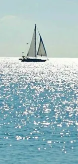 A sailboat gliding on a sparkling sunlit ocean.