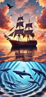 Sailing ship with dolphins under a vibrant sunset in a stunning artwork.