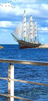 Majestic sailing ship on ocean with blue skies and an eagle on the railing.