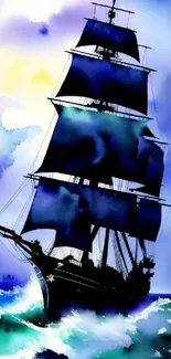 Artistic sailing ship navigates vivid blue ocean waves.