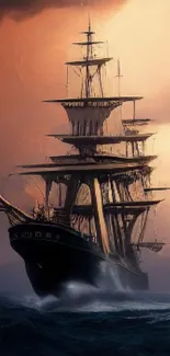 A majestic sailing ship braves stormy seas, captured in a striking mobile wallpaper.