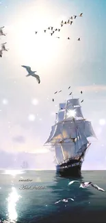 Majestic sailing ship at sunrise with birds flying, set against a serene sea.