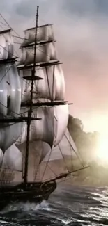 Majestic sailing ship on ocean during a beautiful sunrise.