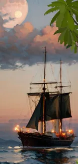 Majestic sailing ship at sunset on serene ocean waters.