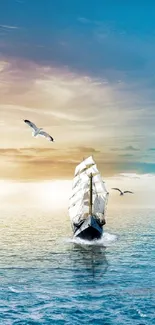 Sailing ship on ocean with seagulls at sunset, vibrant blue and orange sky.