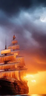 Majestic sailing ship against a vibrant sunset sky.