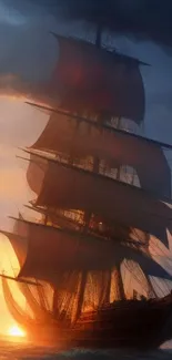 Majestic sailing ship at sunset on the ocea.