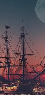 Sailing ship silhouette at sunset with a full moon.