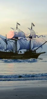 Sailing ship on serene ocean at sunset.