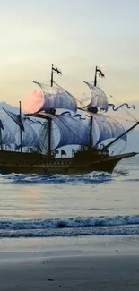 Majestic sailing ship silhouetted at sunset on calm ocean waves.