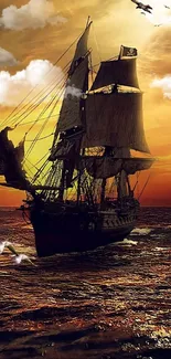 Historical sailing ship at sunset over calm ocean waters.