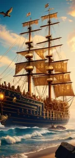 Majestic sailing ship on ocean at sunset with blue sky.