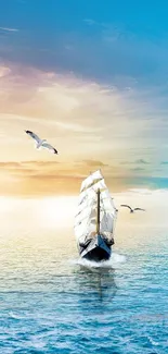 A sailing ship on the ocean at sunset with seagulls overhead.