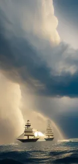 Sailing ship in dramatic clouds at sea.