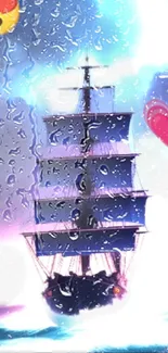 Dreamy mobile wallpaper featuring a sailing ship with heart emojis.