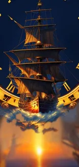 Majestic sailing ship with golden clock face on mobile wallpaper.