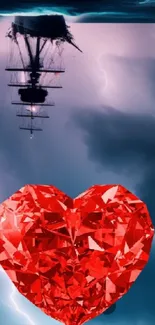 Sailing ship above a red crystal heart with storm clouds.