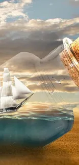 Ship in a bottle on a sandy beach under a cloudy sky wallpaper.