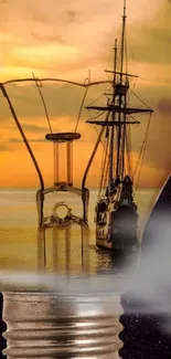 Sailing ship inside a light bulb with a sunset backdrop.