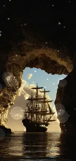 Silhouette of a ship in a sunlit sea cave, creating a dramatic scene.