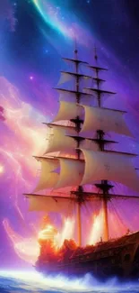 Vibrant cosmic scene with a sailing ship under a colorful sky.