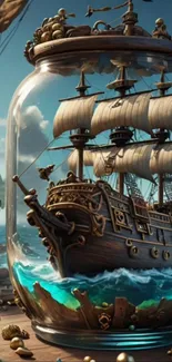 Nautical fantasy scene with a ship in a bottle.