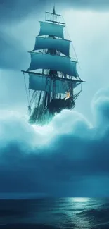 Sailing ship navigating through clouds over a calm ocean, exuding serenity and adventure.