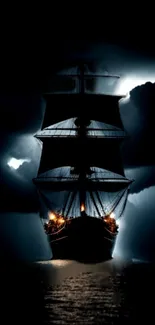 A majestic sailing ship under a moonlit sky as a mobile wallpaper.