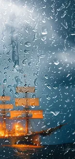 Wallpaper of a sailing ship with rain droplets on glass, set in a stormy sea.