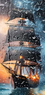 Sailing ship on stormy sea with raindrops overlay.