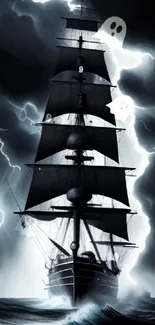 Sailing ship caught in a fierce lightning storm on the dark ocean.