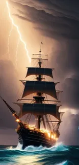 Majestic sailing ship in a stormy sea with lightning and dark clouds.