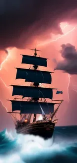 Majestic ship under stormy sky with lightning in mobile wallpaper.