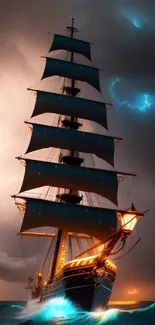 Tall sail ship in a stormy sea with lightning illuminating the dark skies.