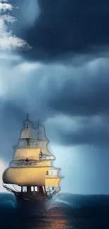 Majestic sailing ship in a stormy sea with dark clouds and vibrant ocean waves.