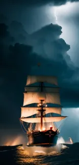 Tall ship sailing through fierce storm with lightning and dark clouds.