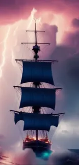 Sailing ship braves a lightning storm at sea, showcasing a dramatic scene.