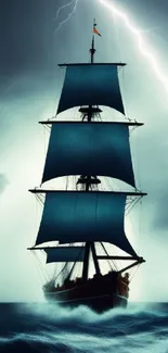 A sailing ship in stormy seas with lightning in the dark blue sky.