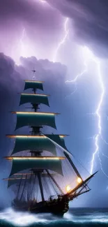 Sailing ship amidst a dramatic lightning storm at sea.