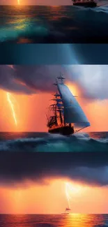 Sailing ship under a dramatic storm with vivid lightning over the ocean.