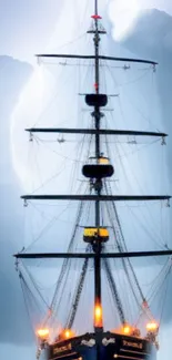 Tall ship with dramatic mast against stormy, cloudy sky with lightning.