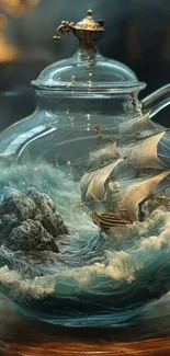 Intricate ship inside a glass teapot, surrounded by waves.